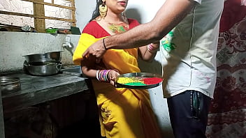 On Festival of HOLI Devar Fuck Cute Sexy Bhabhi on Kichen Stand After Applying Color on Her Boobs in Clear Hindi Voice